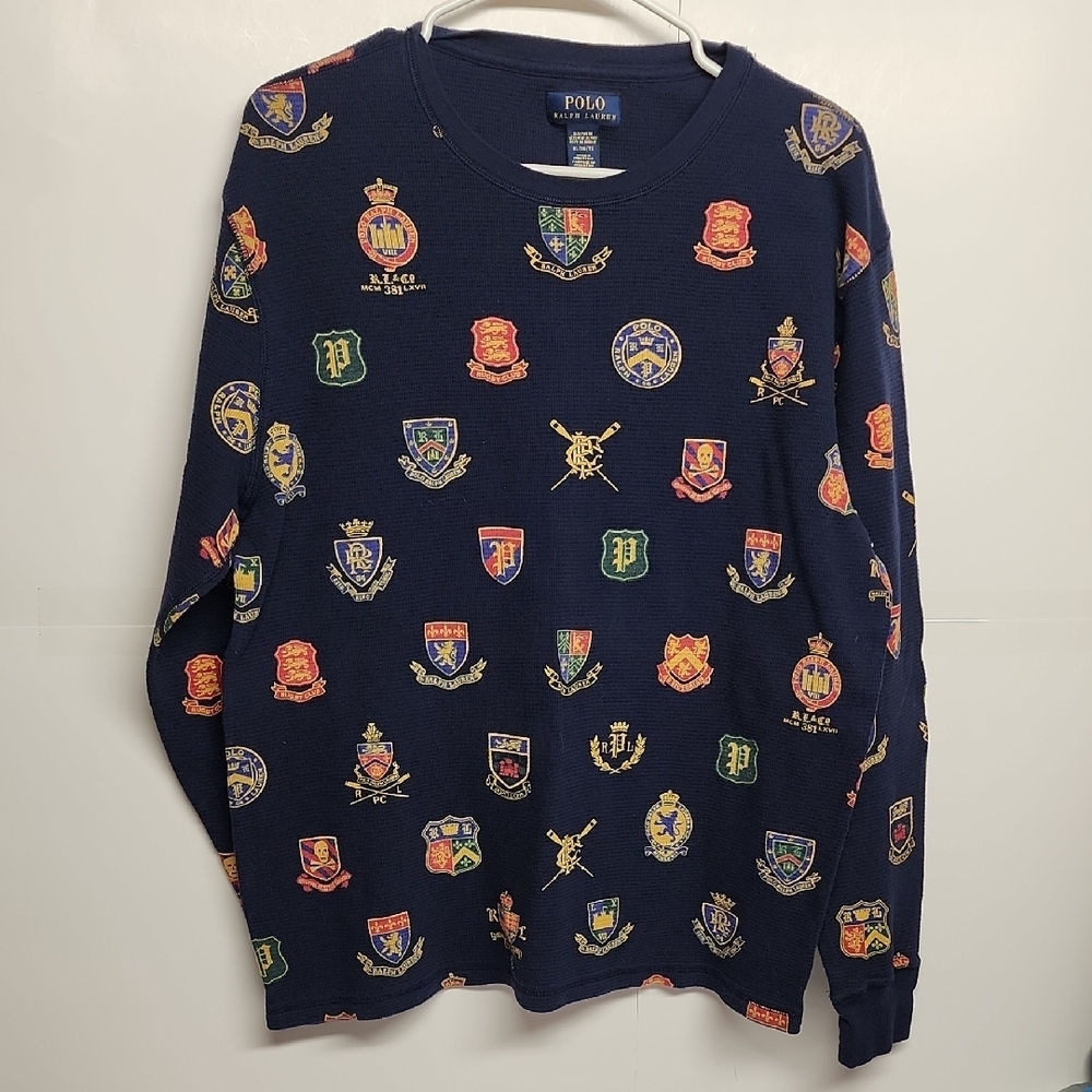 Polo by Ralph Lauren Navy Sleep Shirt with Colorful Crest Patterns Size XL Comfy